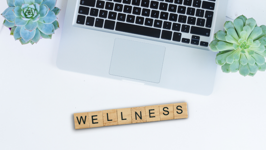 Laptop with succulents and wellness sign on office desk